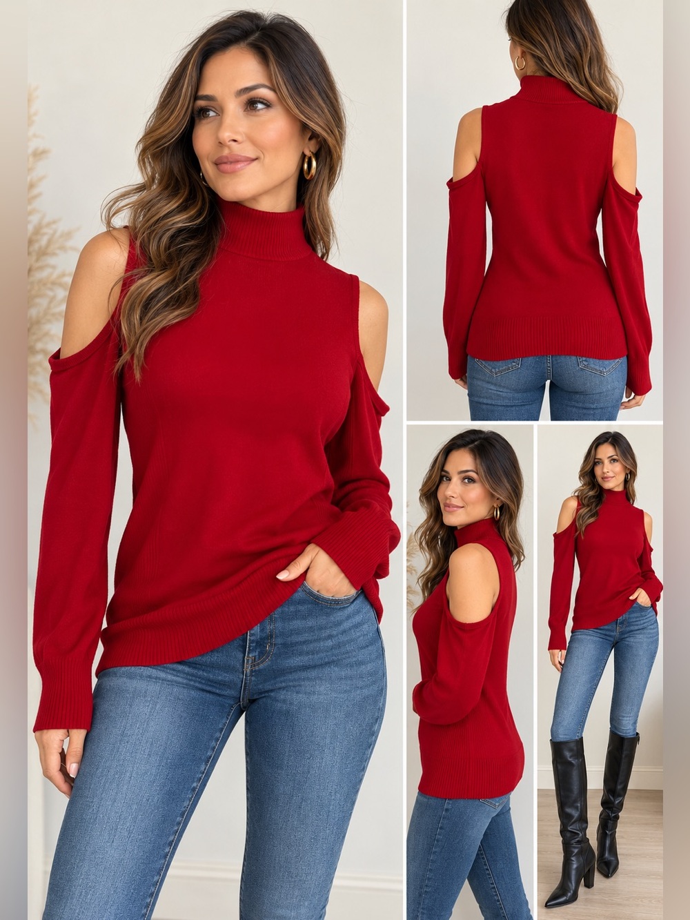 Cache Red Cold Shoulder Turtleneck Sweater Size L NWT